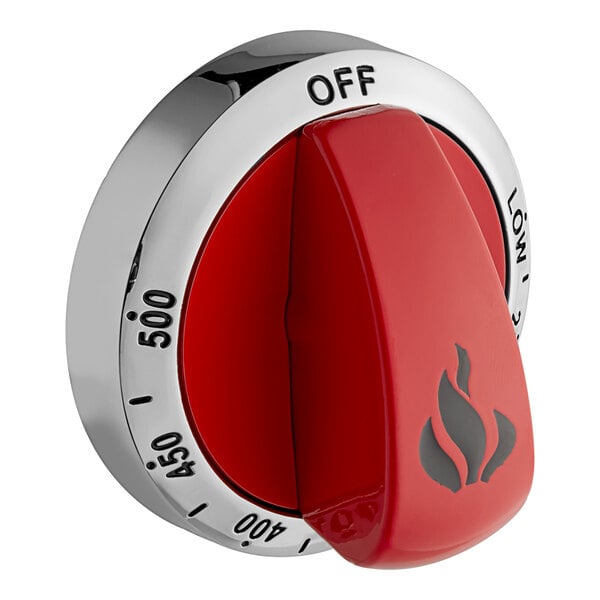 A red American Range thermostat knob with silver and red dials and the word "off" in white.