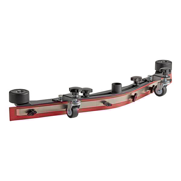 A red and black Lavex squeegee assembly with wheels.