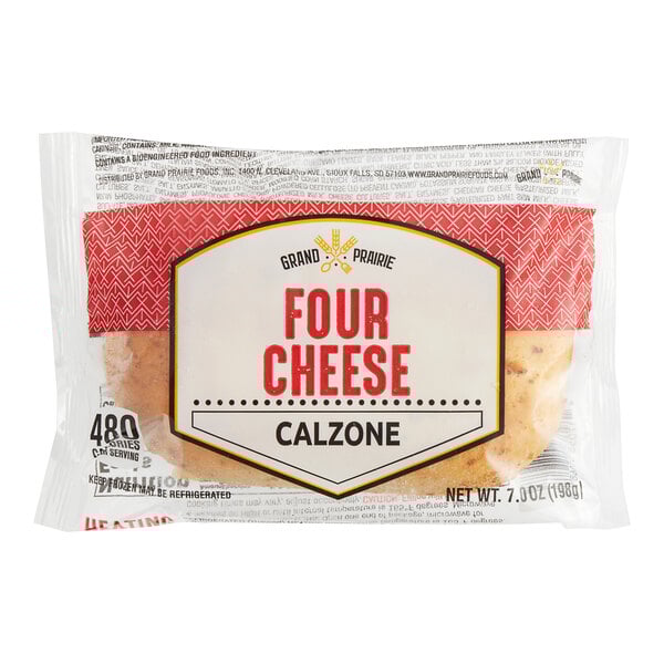A Grand Prairie 4 Cheese Calzone package on a white surface.