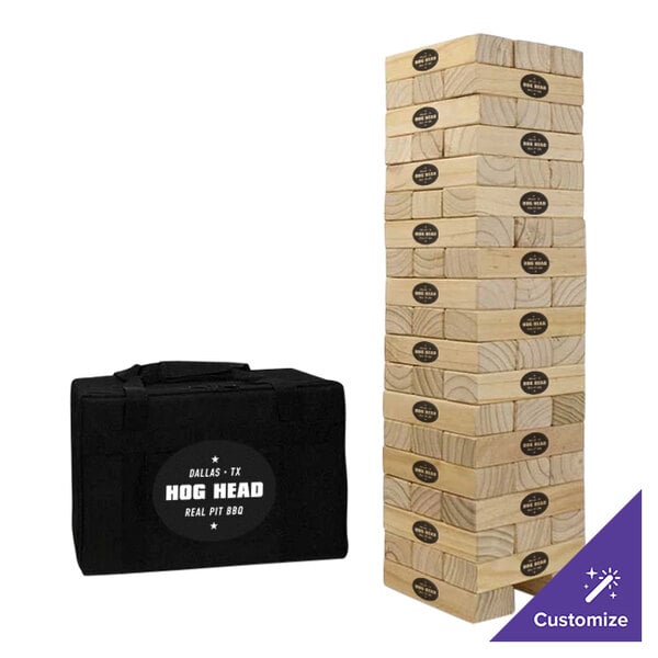 A stack of customizable wooden timbers with a black bag with white text.
