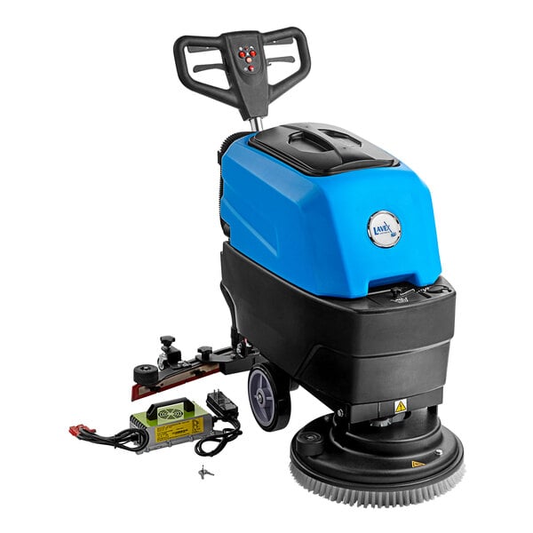 A Lavex walk behind floor scrubber with blue and black accents and wheels.