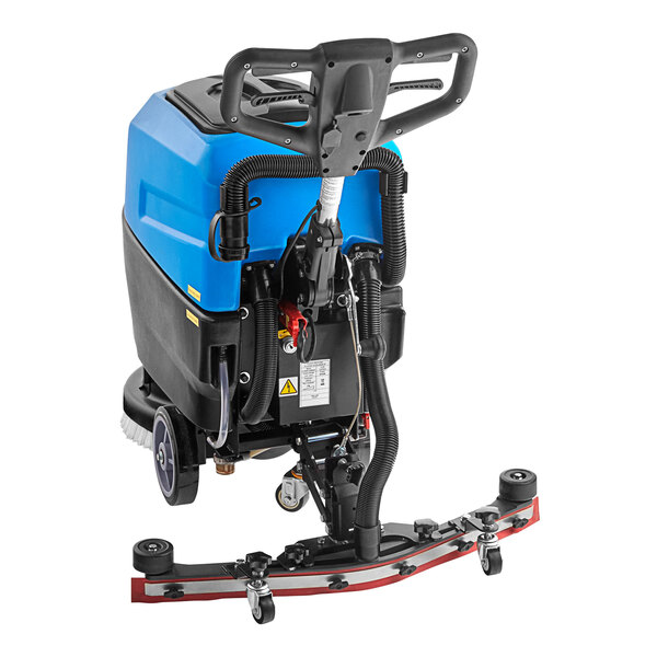 A blue and black Lavex cordless walk behind floor scrubber with wheels.