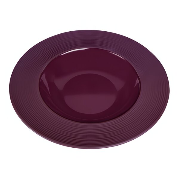 A close-up of a purple bowl with a white background.