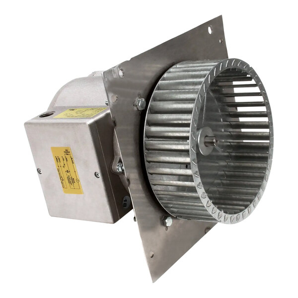 A metal American Range blower motor assembly with a metal fan wheel.