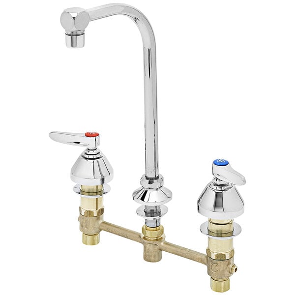 A chrome T&S medical lavatory faucet with lever handles.