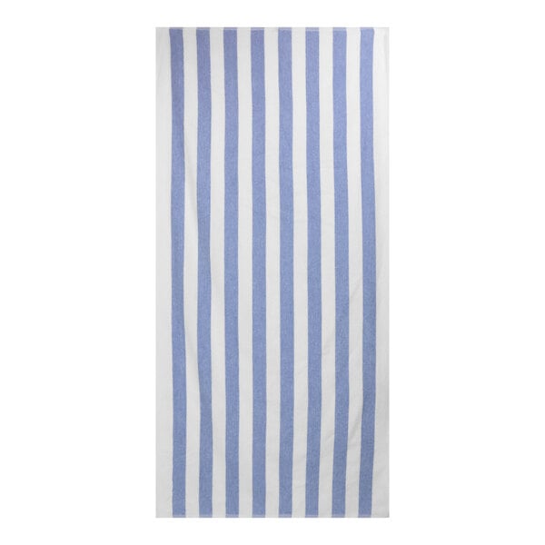 A white and blue striped Fibertone pool towel.