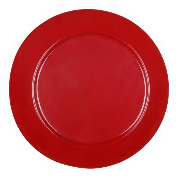 A red Elite Global Solutions Maya melamine plate with a clear circle in the center.