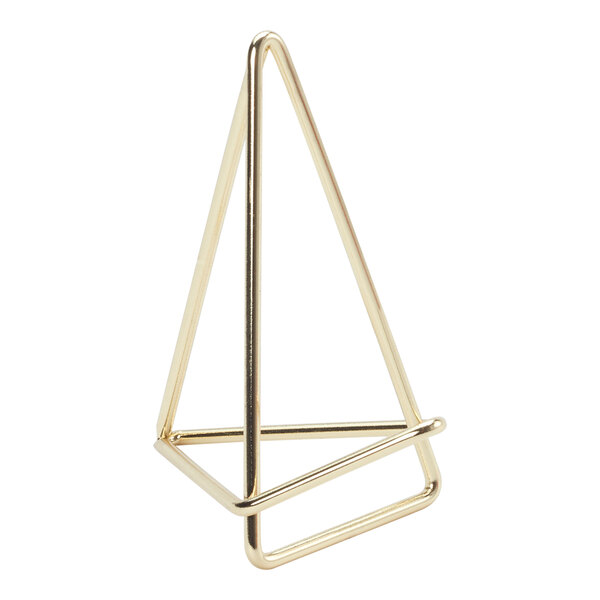 An American Metalcraft gold triangle shaped table card holder.