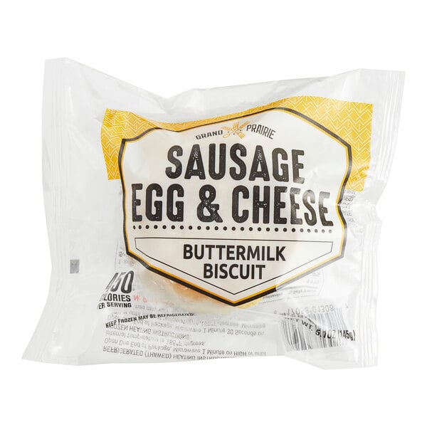 A package of Grand Prairie Sausage, Egg, and Cheese Biscuit sandwiches.