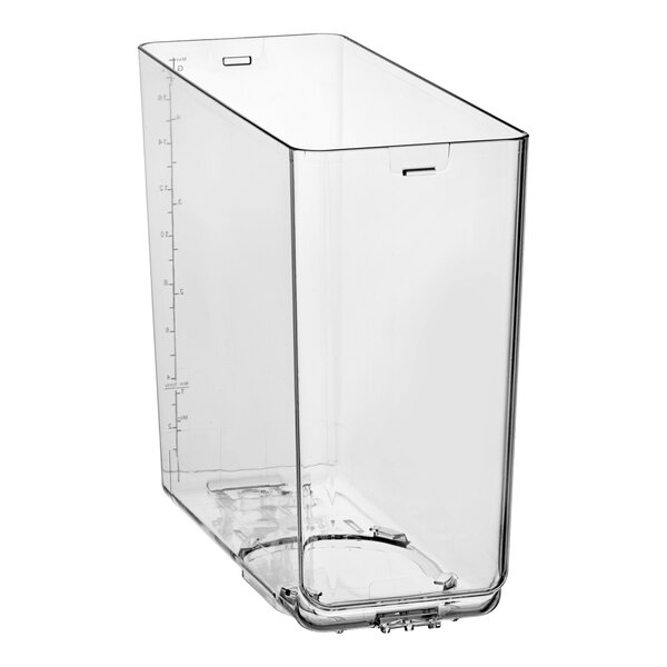 A clear, rectangular, tall plastic container with measurement markings on the side and a notched opening at the top.