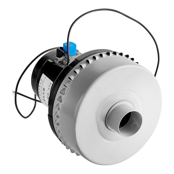 A Lavex vacuum motor with a blue wire attached to it.