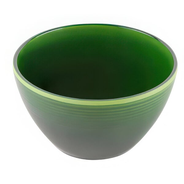A green Elite Global Solutions melamine bowl with a white stripe.