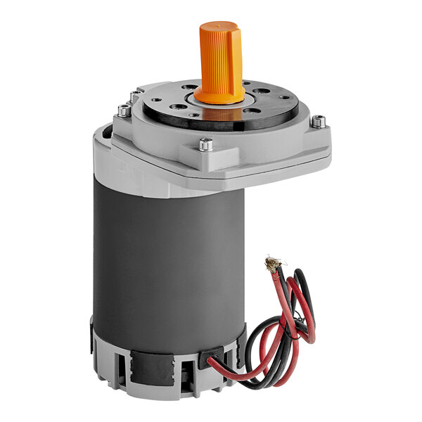 A grey and black Lavex Brush Motor with a yellow wire.