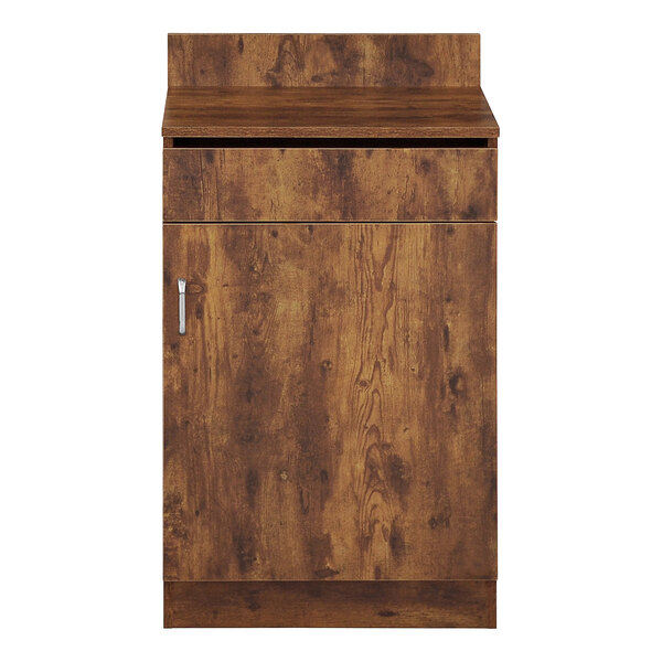 A BFM Seating Relic wooden waitress station cabinet with a door.