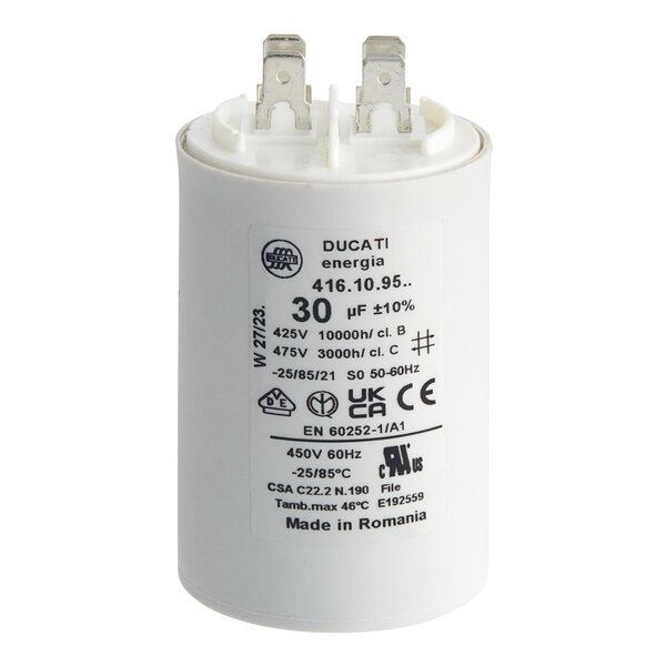 A white cylindrical American Range A91032 capacitor with black text.