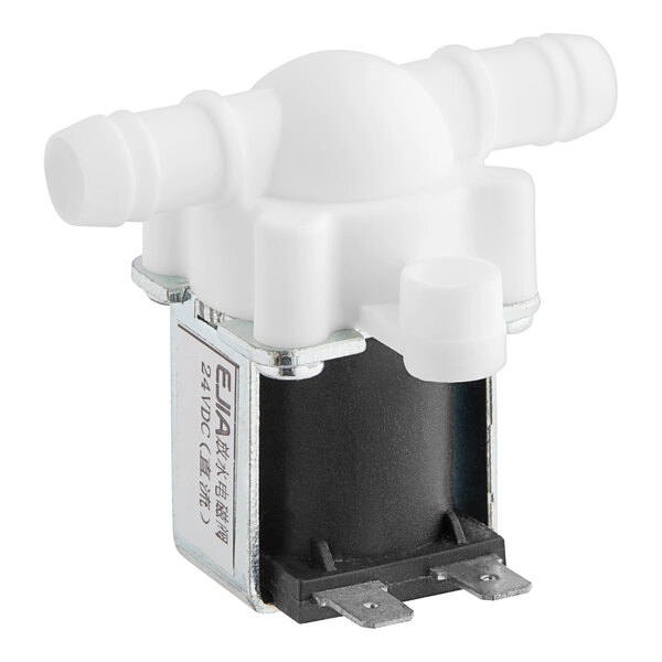 A white Lavex solenoid valve with a white plastic cover and two holes.