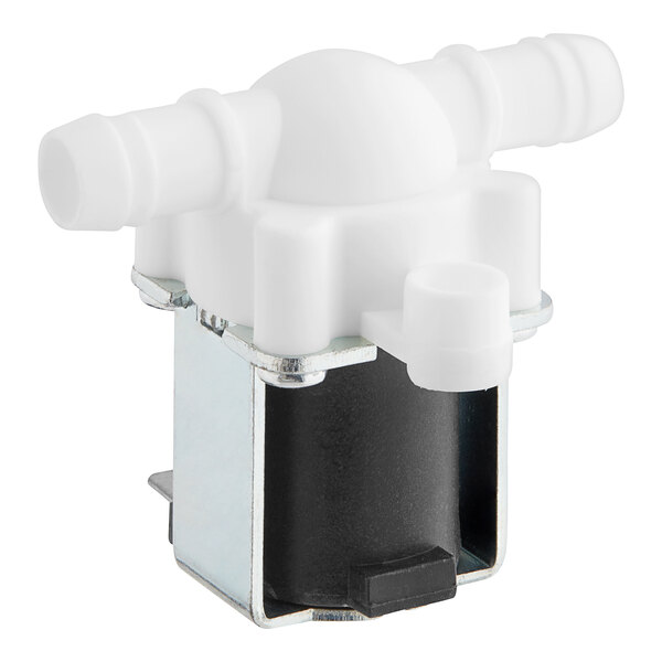 A white Lavex solenoid valve for water with white and black plastic pipes.