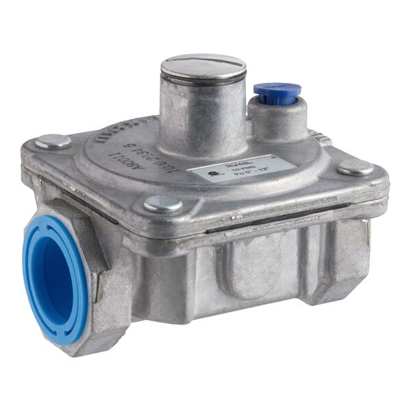 A metal liquid propane gas pressure regulator with a blue plastic inlet, designed for use with American Range equipment.