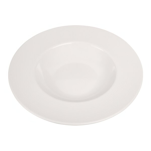A white bowl with a black rim on a white background.