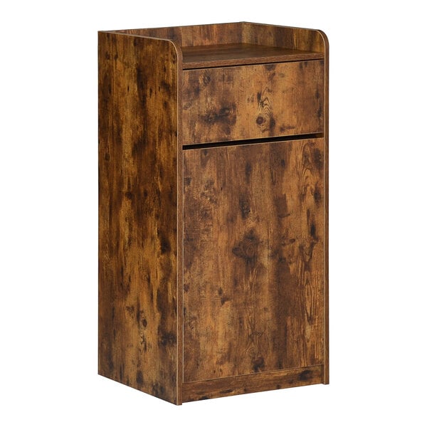 A BFM Seating wooden stand with a drawer for a 35 gallon waste can.