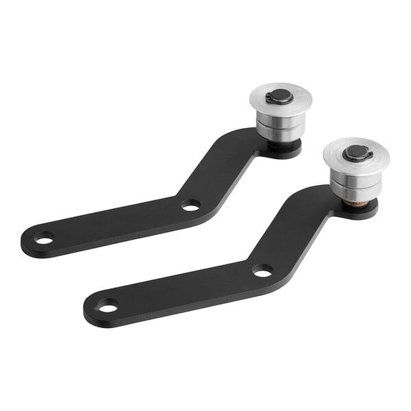 A pair of black metal brackets with silver screws on them.