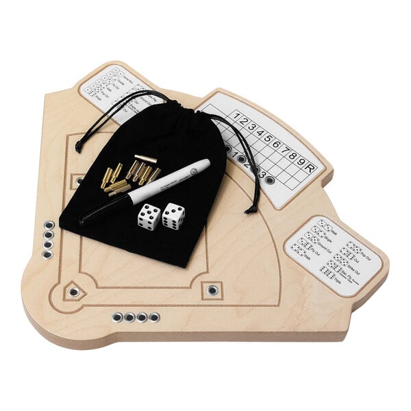 A Yard Games Table Top Baseball board with dice and a bag.