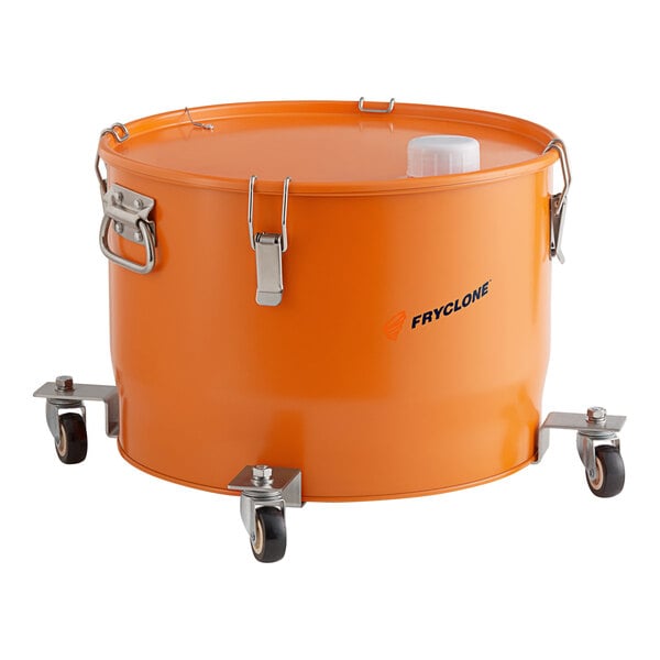 An orange metal Fryclone Smart Pail with wheels.