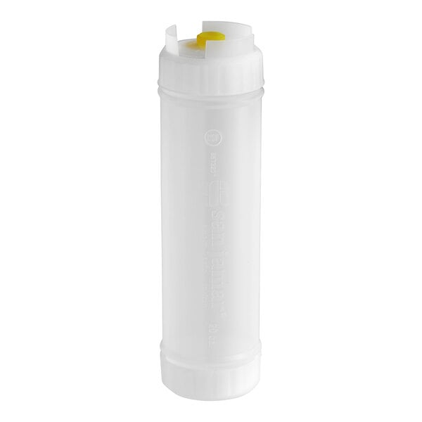 A white plastic San Jamar squeeze bottle with a yellow cap.