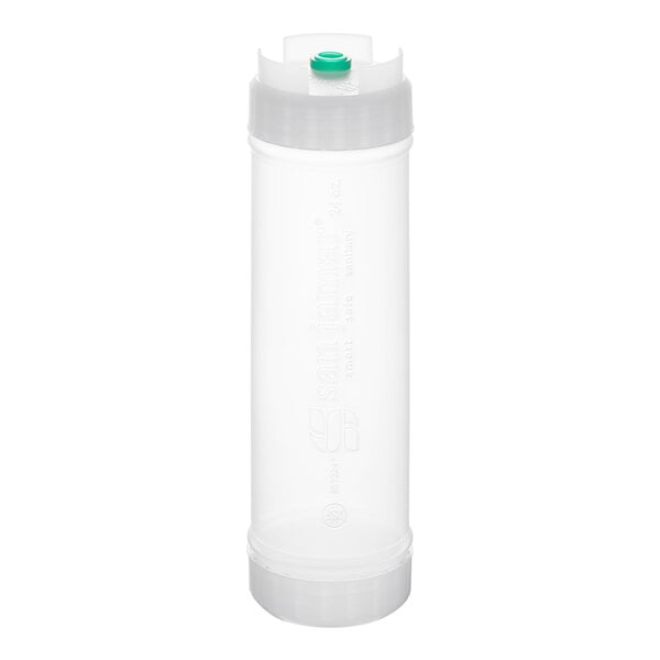 A clear plastic squeeze bottle with a green cap.