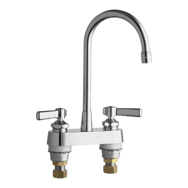 A chrome Chicago Faucets deck-mounted faucet with 2 lever handles and a rigid gooseneck spout.