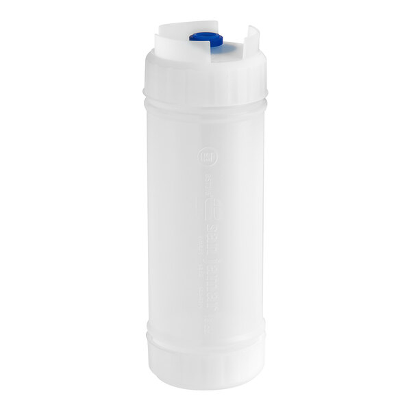 A white plastic container with a blue cap.