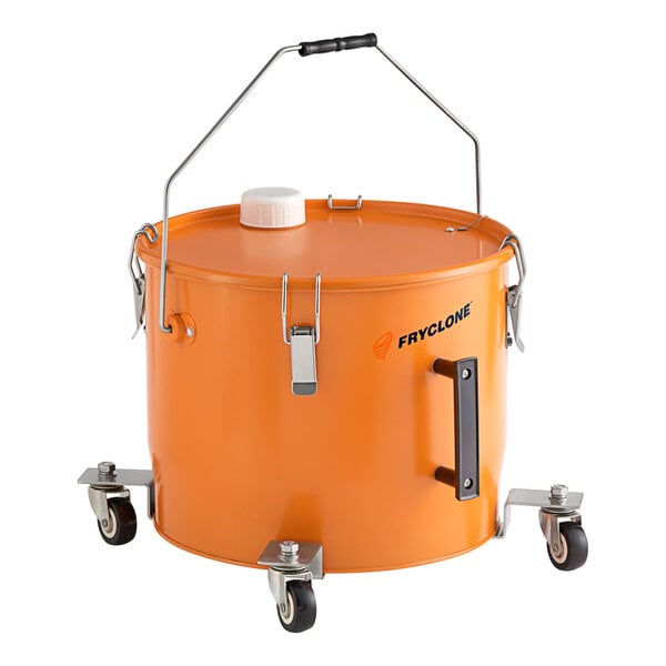 An orange Fryclone Smart Pail with wheels.