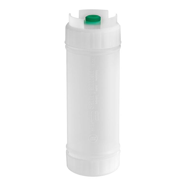 A white plastic San Jamar sauce bottle with a green valve.