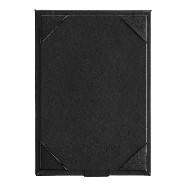 A black rectangular Acopa Prime table tent with corner corners.