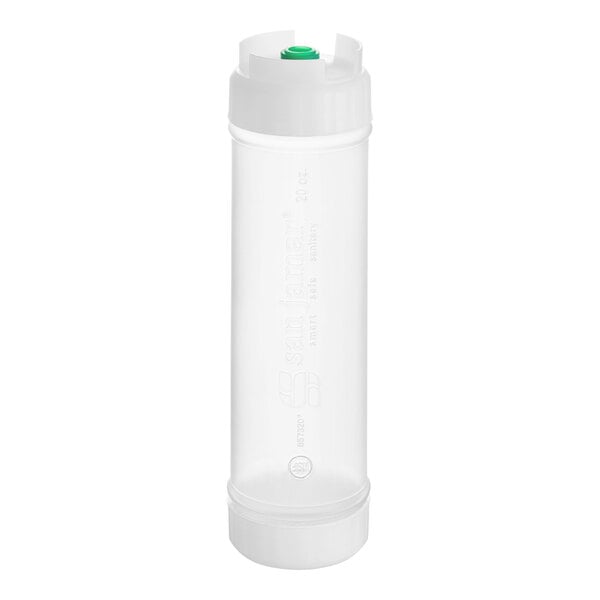 A clear plastic San Jamar squeeze bottle with a white cap and small green valve.