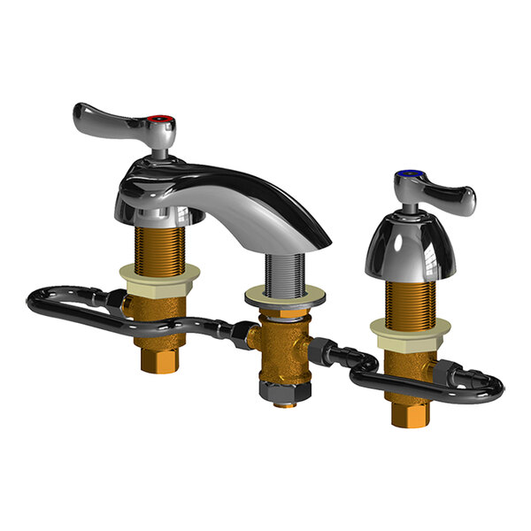 A close-up of a Chicago Faucets deck-mounted faucet with 2 lever handles.