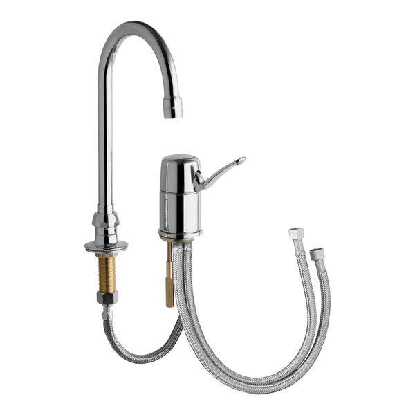 A Chicago Faucets deck-mounted faucet with a gooseneck spout and side valve.