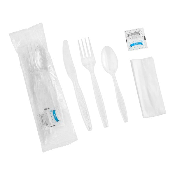 Choice Clear Extra Heavy Weight Wrapped Polystyrene Plastic Cutlery Pack with Napkin and Salt and Pepper Packets - 500/Case