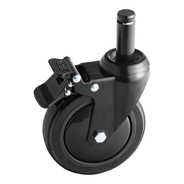 A Regency black polyurethane castor wheel with a black rubber tire and brake.