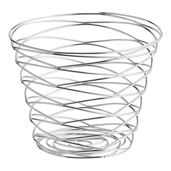 An American Metalcraft chrome wire birdnest basket with a spiral design.