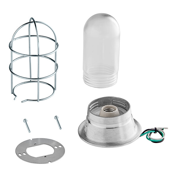 A metal and plastic-coated glass light fixture with a wire guard.