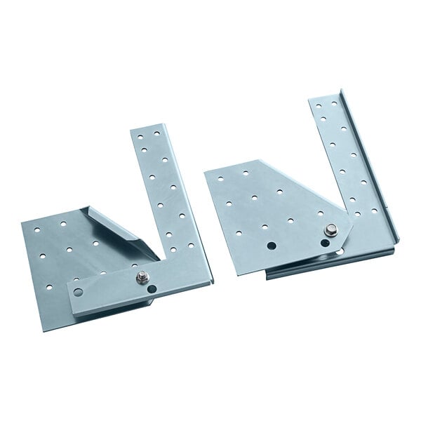 A pair of metal brackets with holes.