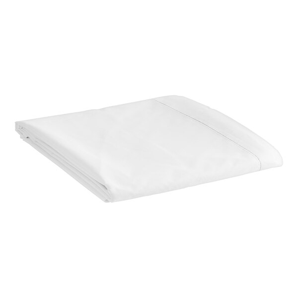 A folded white 1888 Mills Dependability queen size flat sheet.