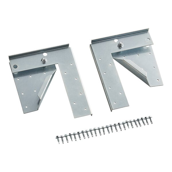 A pair of metal brackets with screws.