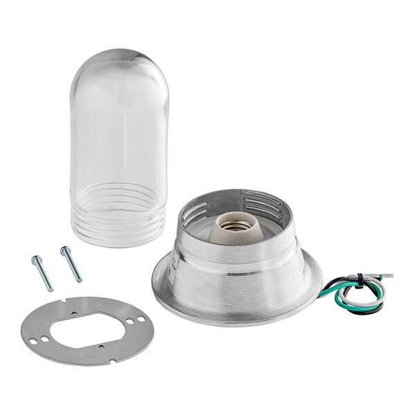 A Halifax metal light fixture with a glass globe cover and screws.