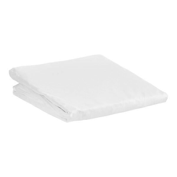 A white 1888 Mills Flourish microfiber fitted sheet folded on a white surface.