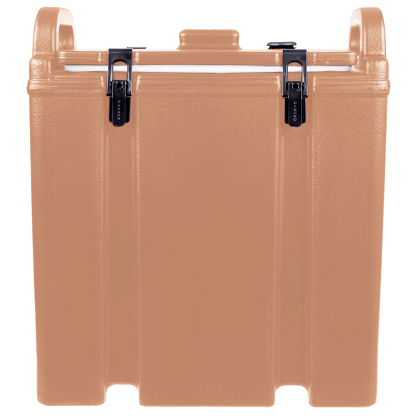 A beige plastic Cambro soup carrier with black handles.