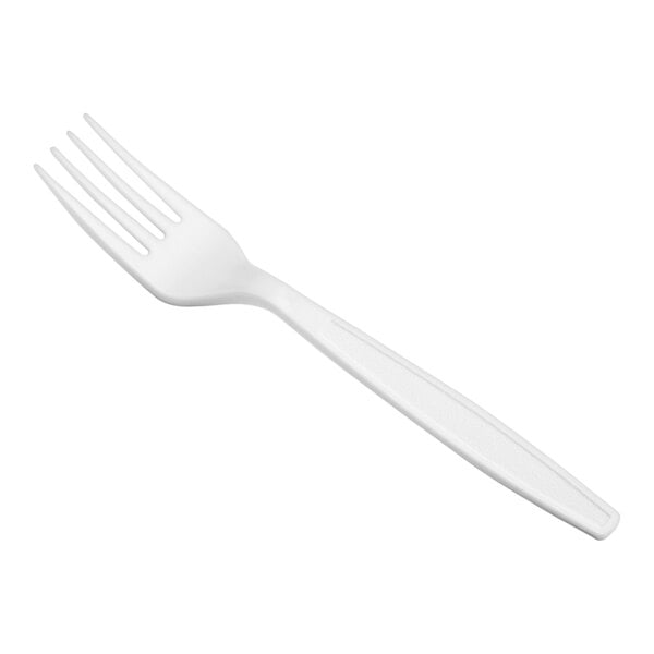 A package of white plastic forks with a white handle on a white background.