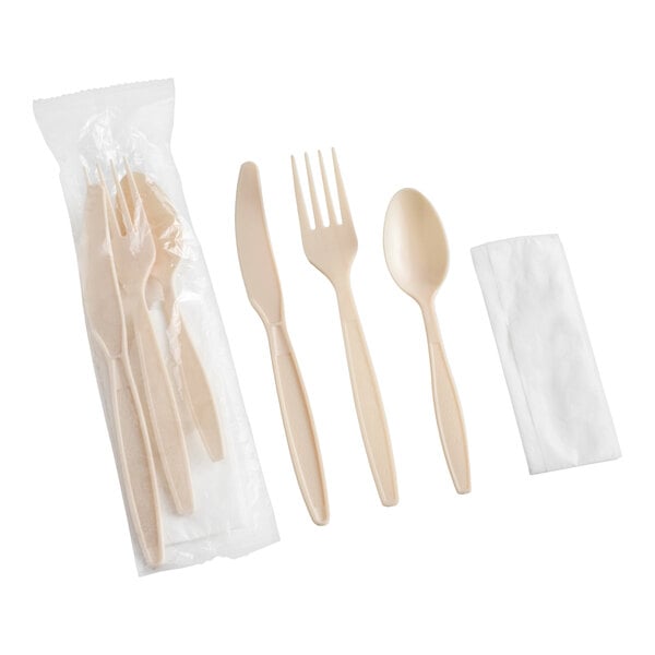 Choice Beige Extra Heavy Weight Wrapped Polystyrene Plastic Cutlery Pack with Napkin - 500/Case