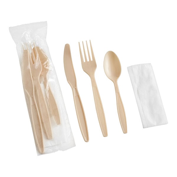 Choice Beige Extra Heavy Weight Wrapped Polystyrene Plastic Cutlery Pack with Napkin - 500/Case